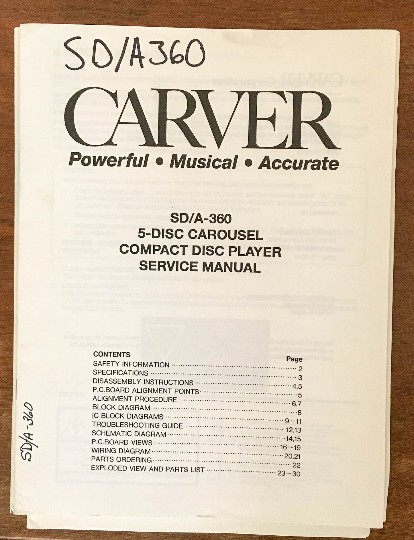 Carver SD/A-360 CD Player  Service Manual *Original*