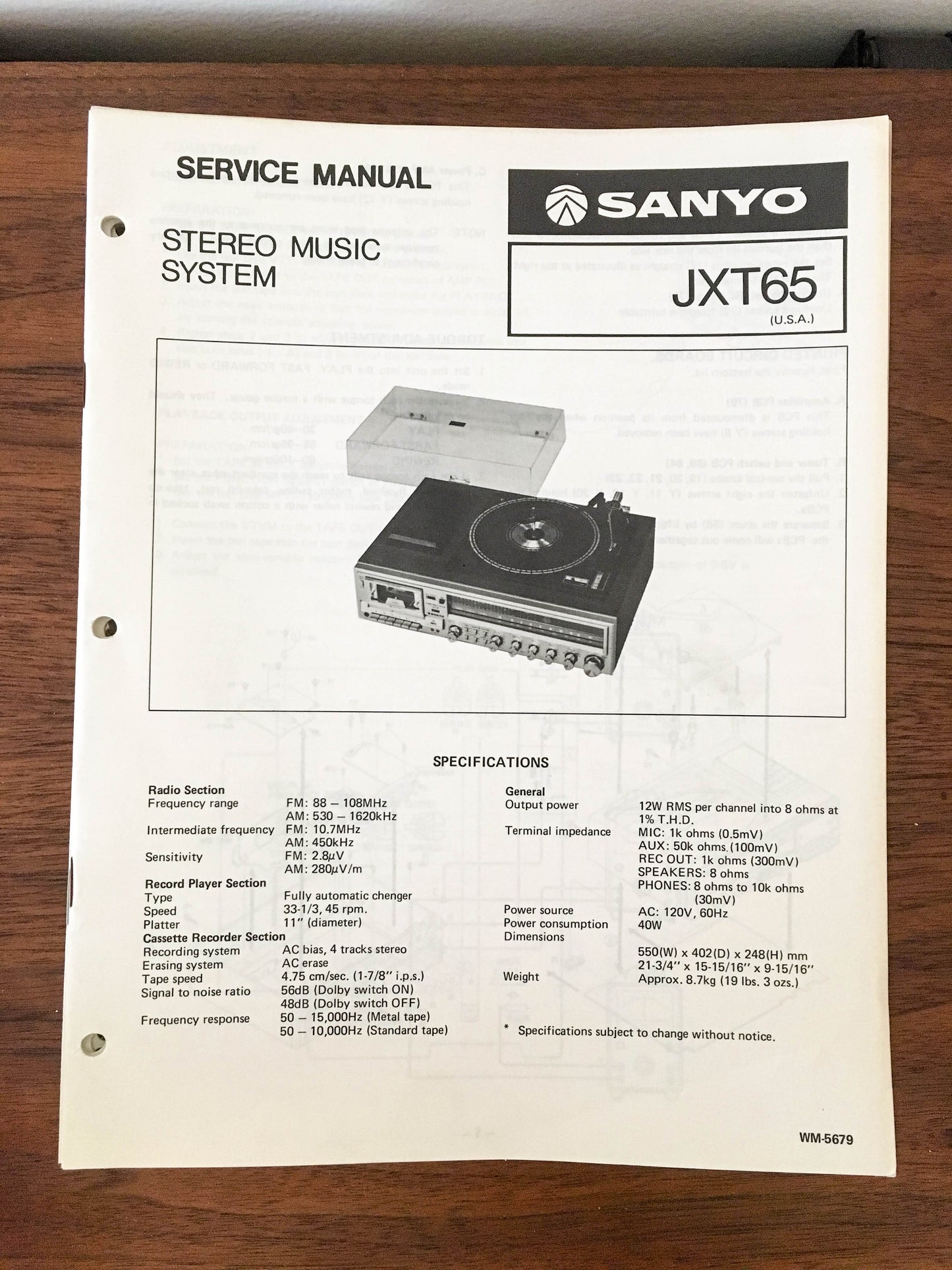 Sanyo JXT 65 JXT65 Stereo Service Manual *Original*