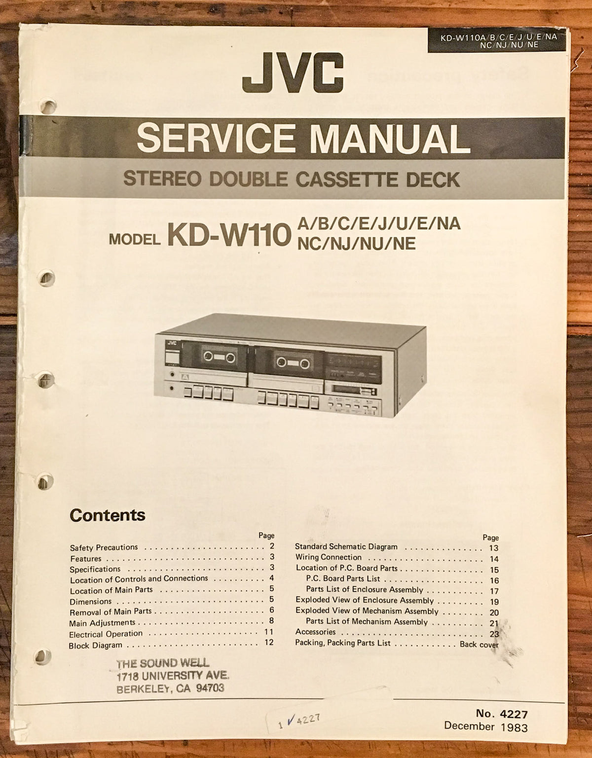 JVC KD-W110 Cassette Deck  Service Manual *Original* #2