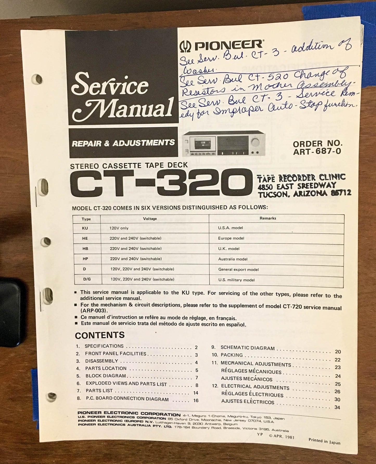 Pioneer CT-320 Cassette  Service Manual *Original*