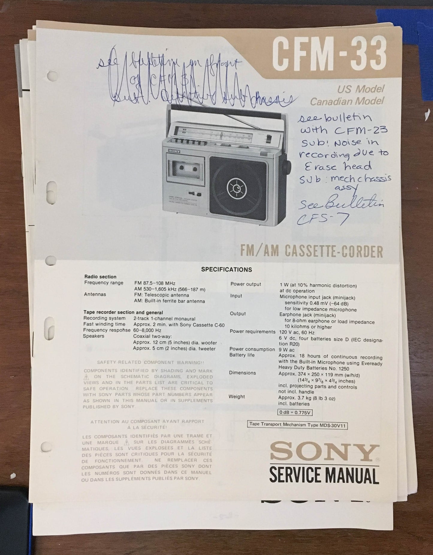 Sony CFM-33 Radio Cassette Recorder Service Manual *Original*