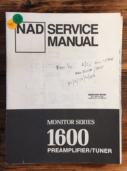 NAD Model 1600 Preamp / Preamplifier  Service Manual *Original*