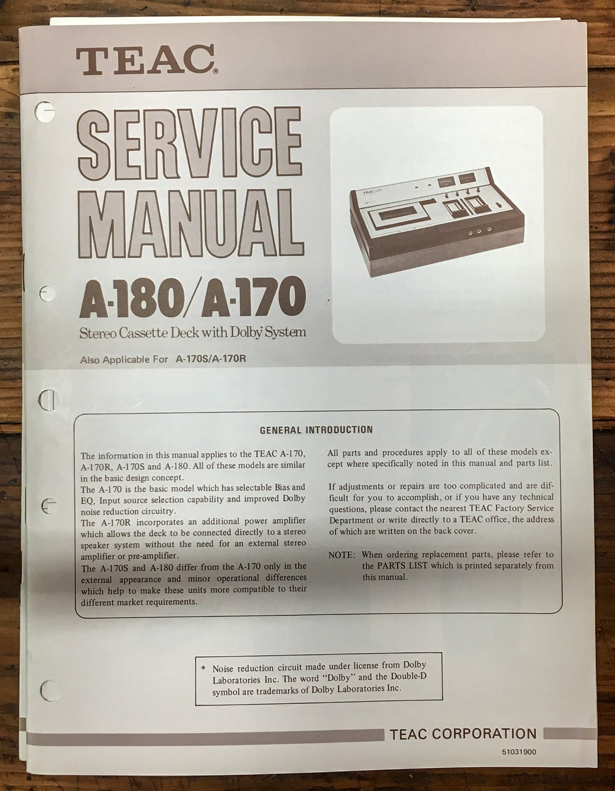 Teac A-170 A-180 Cassette Deck  Service Manual *Original*