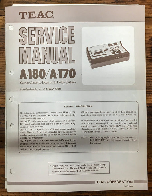 Teac A-170 A-180 Cassette Deck  Service Manual *Original*