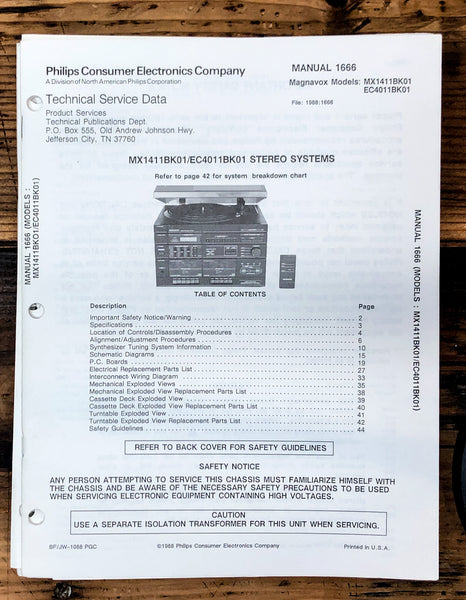 Magnavox / Philco / Sylvania MX1411 EC4011 Stereo  Service Manual *Original*