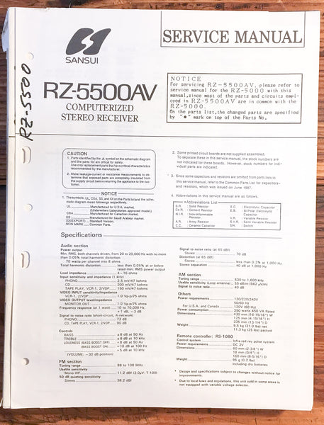 Sansui RZ-5500AV RZ-5500 AV Receiver  Service Manual *Original*