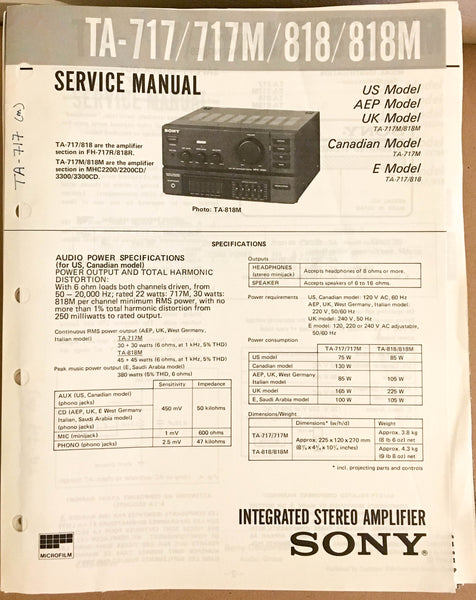 Sony TA-717 717M 818 818M Amplifier  Service Manual *Original*