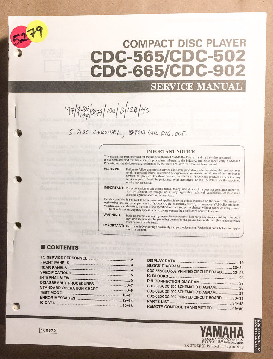 Yamaha CDC-565 CDC-665 -502 -902 CD Player  Service Manual *Original*