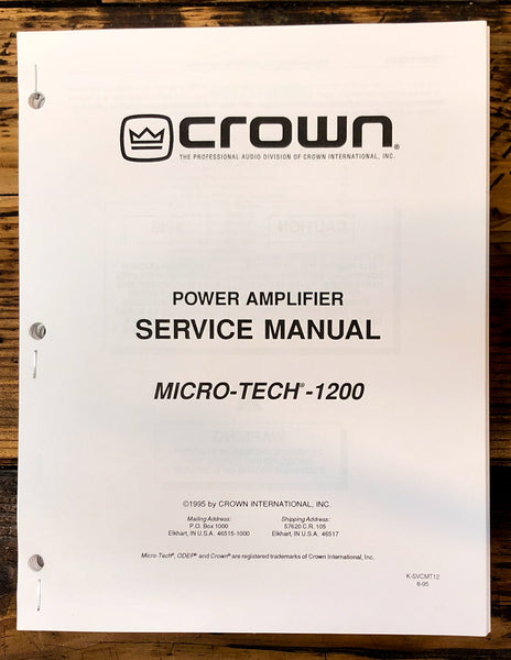 Crown Micro-Tech 1200 Amplifier Service Manual *Original*