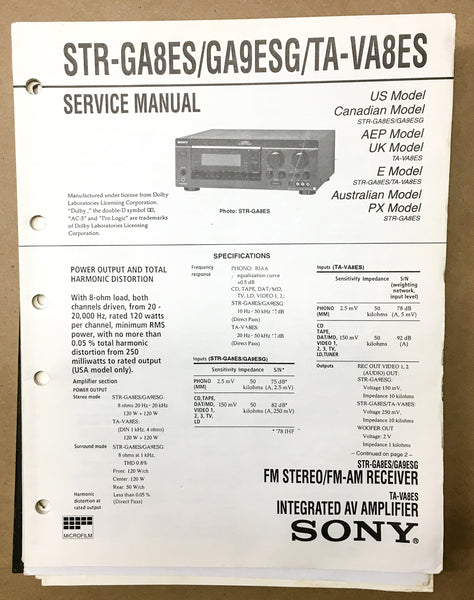 Sony STR-GA8ES STR-GA9ESG TA-VA8ES Receiver Service Manual *Original*