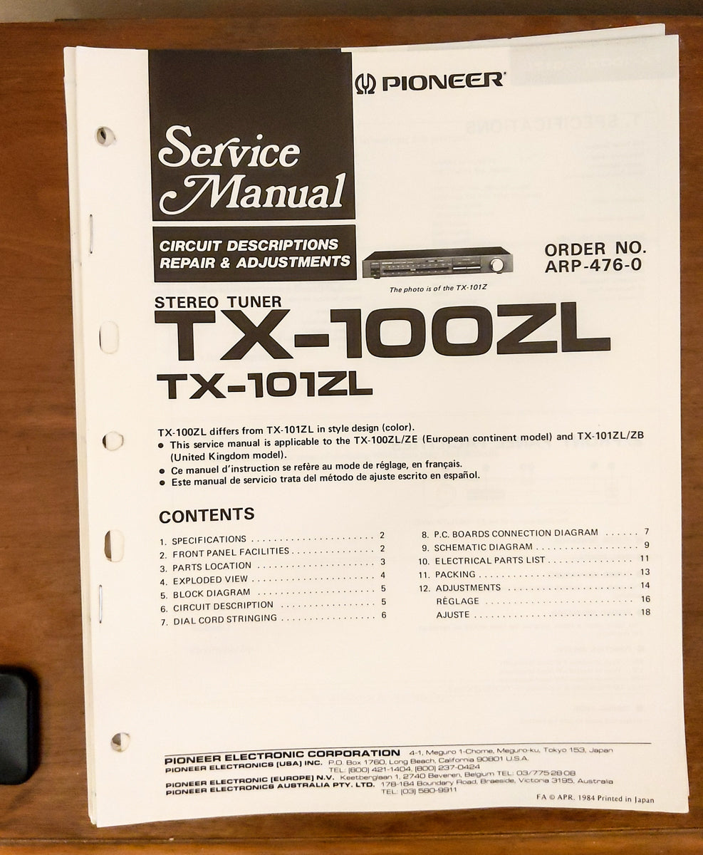 Pioneer TX-100ZL TX-101ZL Tuner Service Manual *Original*
