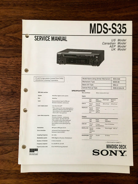 Sony MDS-S35 MD Mini Disc Service Manual *Original*