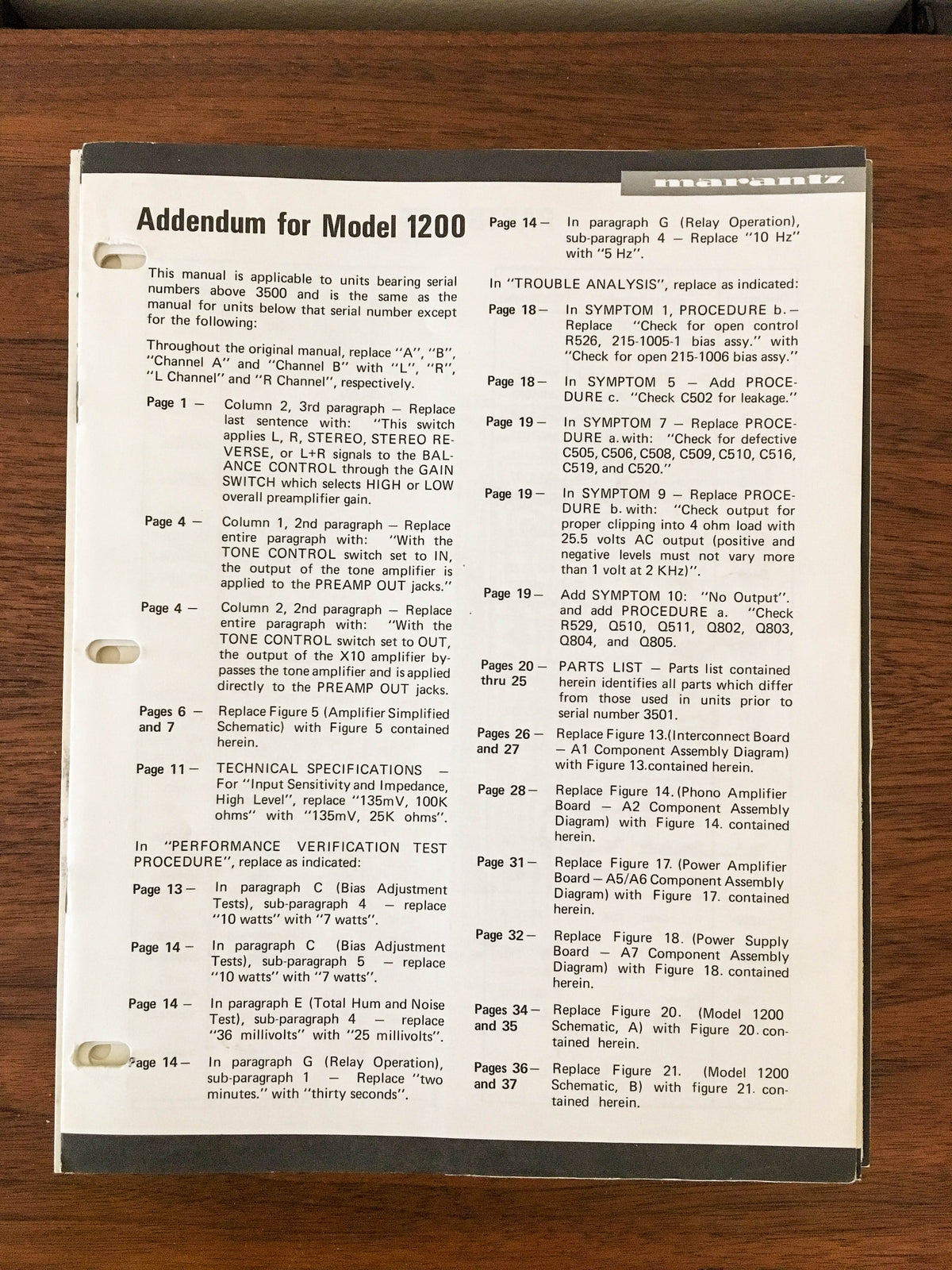 Marantz Model 1200 Preamp / Preamplifier Service Manual Addendum *Original* #1
