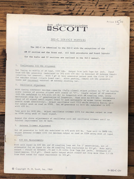 HH Scott Model 382-C 382C Receiver  Service Manual *Original*