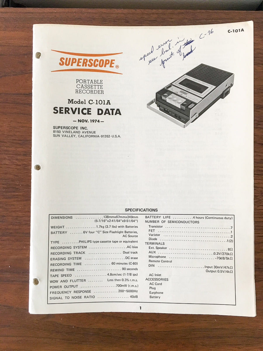 Superscope C-101A C-101 A Cassette Recorder Service Manual *Original*