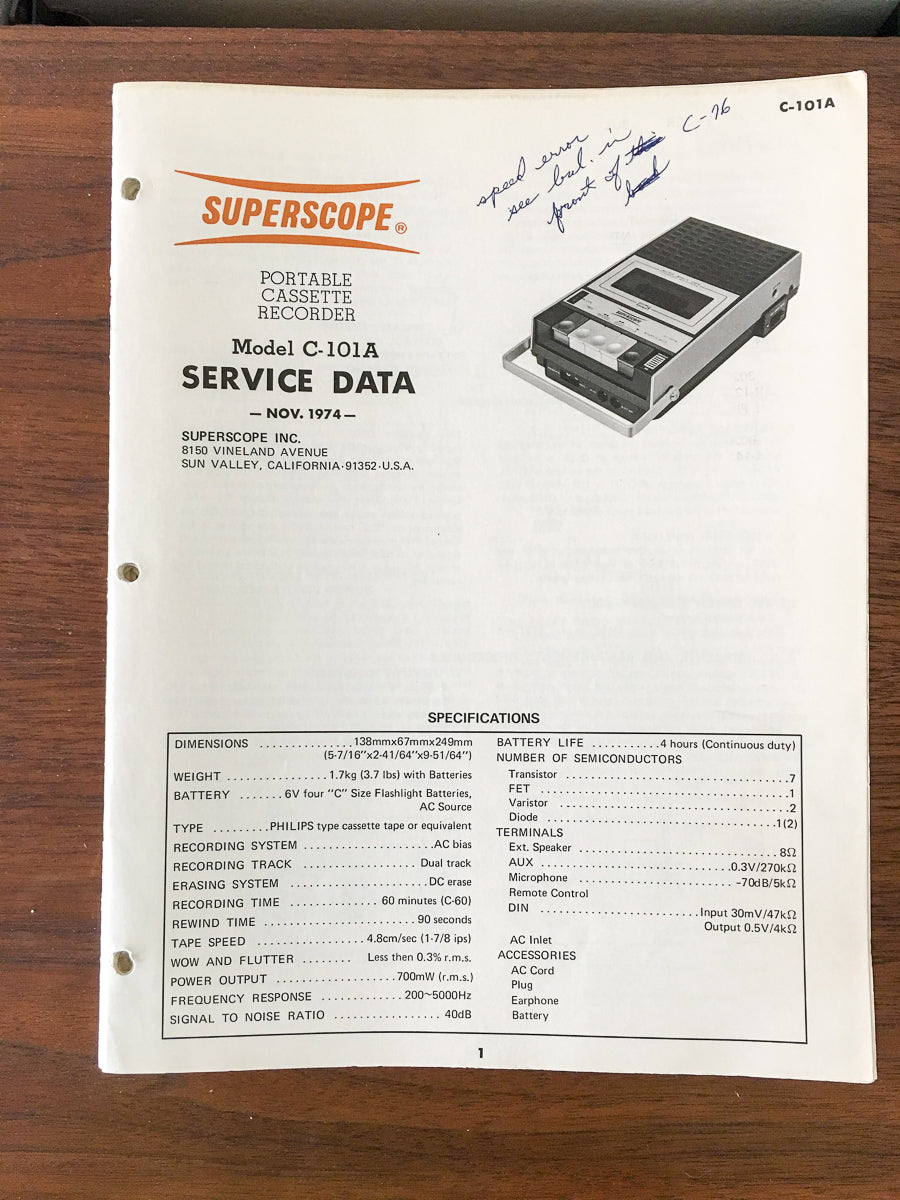 Superscope C-101A C-101 A Cassette Recorder Service Manual *Original ...