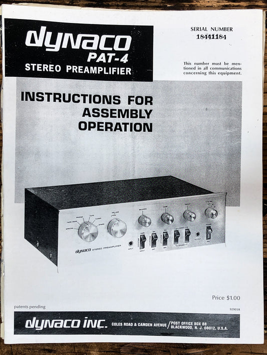 Dynaco PAT-4 Preamp / Preamplifier Assembly & Owners Manual *Copy*