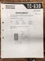 Sony TC-630 Reel to Reel Supp. Service Manual *Original*