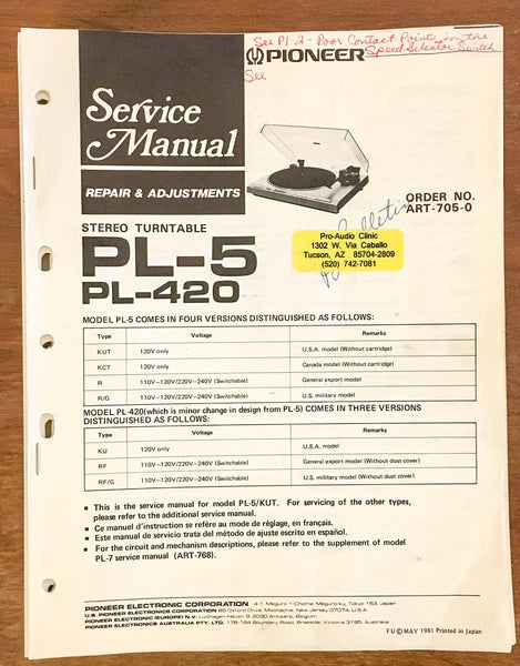 Pioneer PL-5 PL-420 Turntable / Record Player  Service Manual *Original*