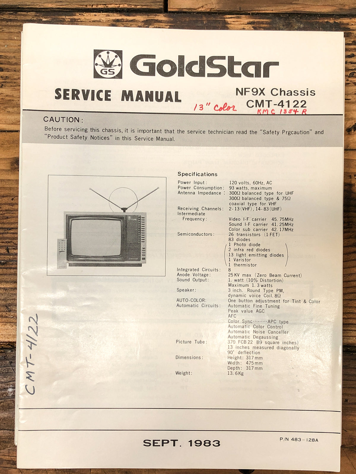 LG / Goldstar CMT-4122 KMC 1354R Color TV  Service Manual *Original*