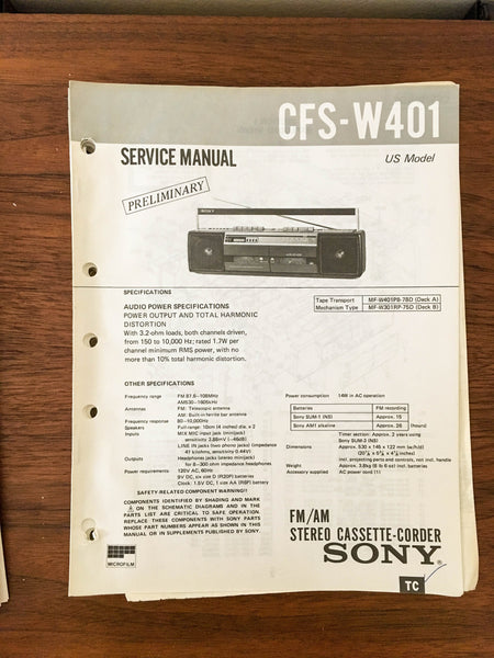 Sony CFS-W401 Boombox / Radio Preliminary Service Manual *Original*