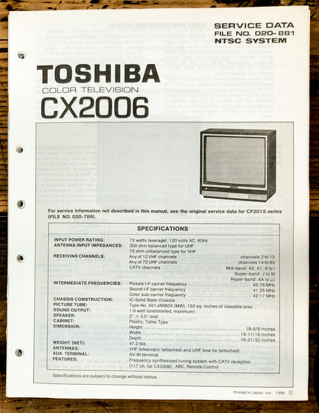 Toshiba CX2006 TV Television Service Manual *Original*
