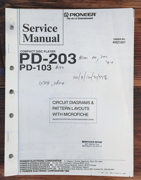 Pioneer PD-203 PD-103 CD Player 1 Service Manual *Original*