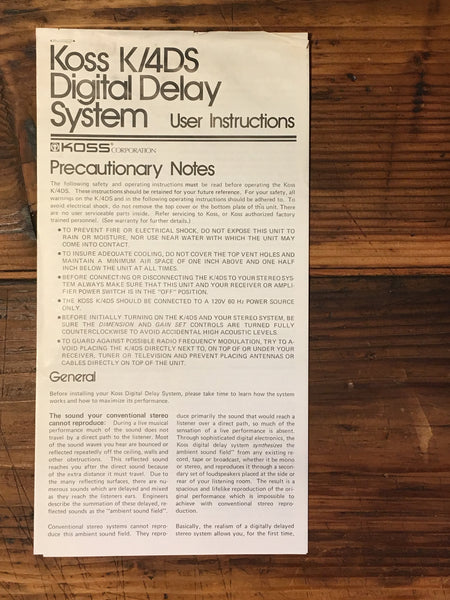 KOSS K/4DS  Digital Delay Owners / User Manual *Original*