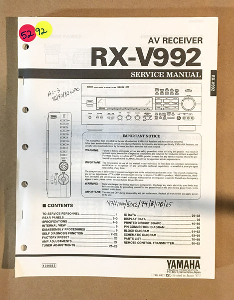 Yamaha RX-V992 Receiver  Service Manual *Original*