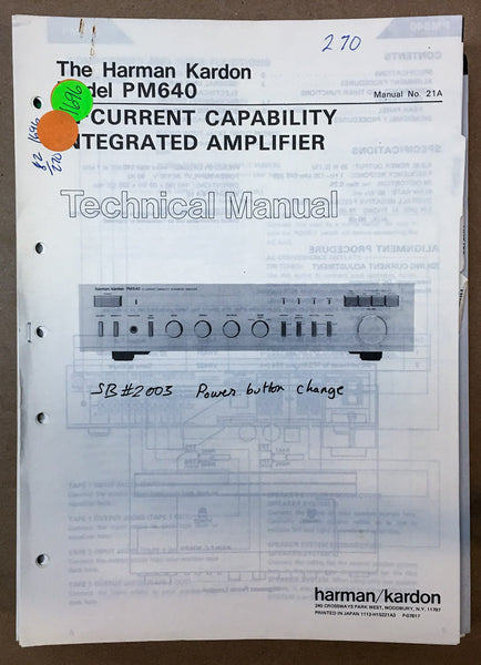 Harman Kardon PM 640 PM-640 Amplifier  Service Manual *Original*