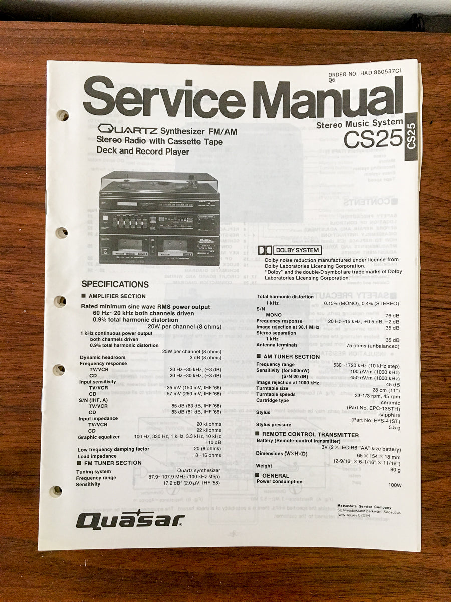 Quasar / Technics CS25 CS-25 Stereo Service Manual *Original*