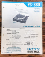 Sony PS-B80 Record Player / Turntable  Service Manual *Original*