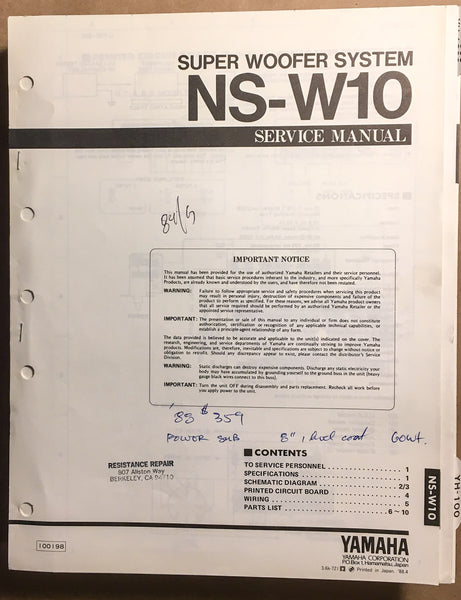 Yamaha NS-W10 Super Woofer  Service Manual *Original*