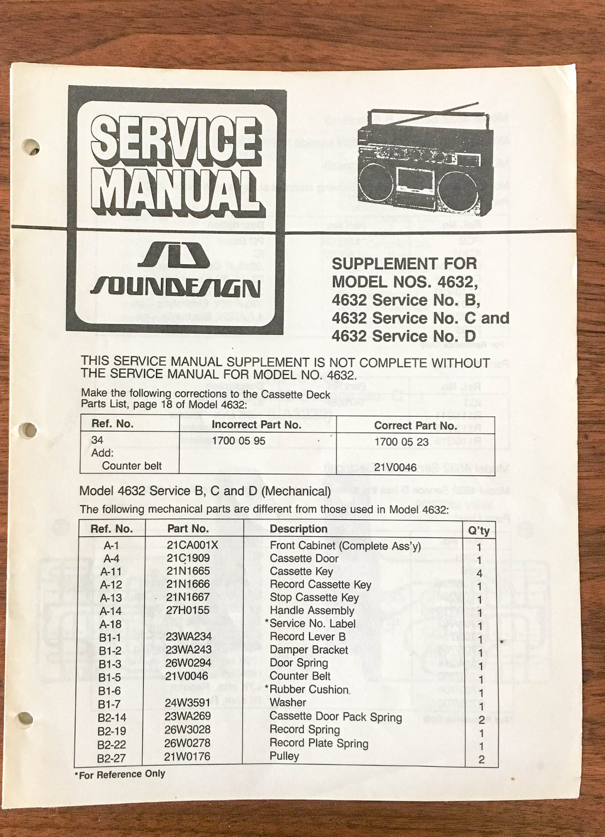 SoundDesign Sound Design Model 4632 Radio Service Manual Supplement *Original*