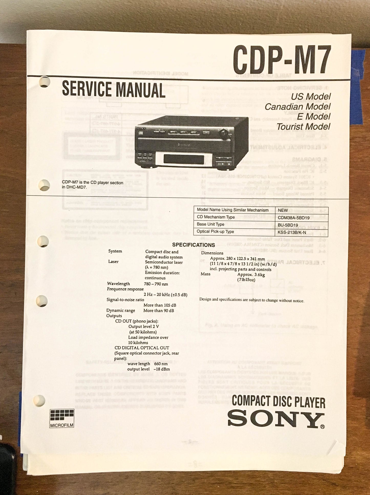 Sony CDP-M7 CD Player Service Manual *Original*