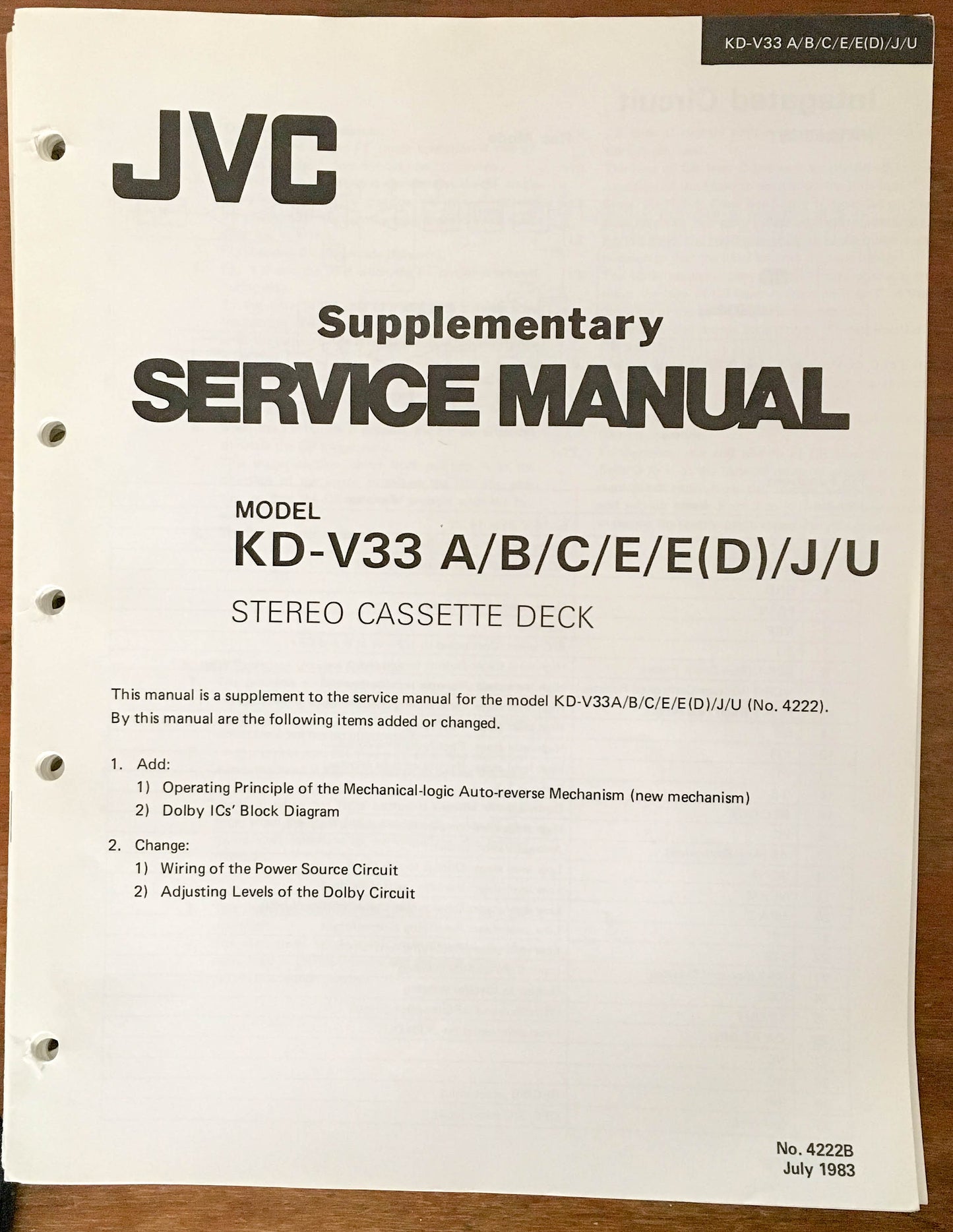 JVC KD-V33 Cassette Deck  SUPPLEMENTARY Service Manual *Original*