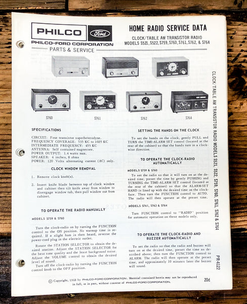 Philco Ford S521 S522 S759 S760 S761 S762 S764 Radio Service Manual *Original*