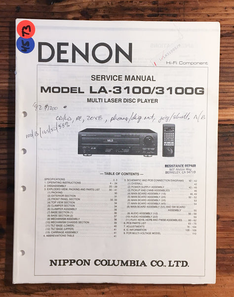 Denon LA-3100 LA-3100G Multi Laser Disc Player  Service Manual *Original*