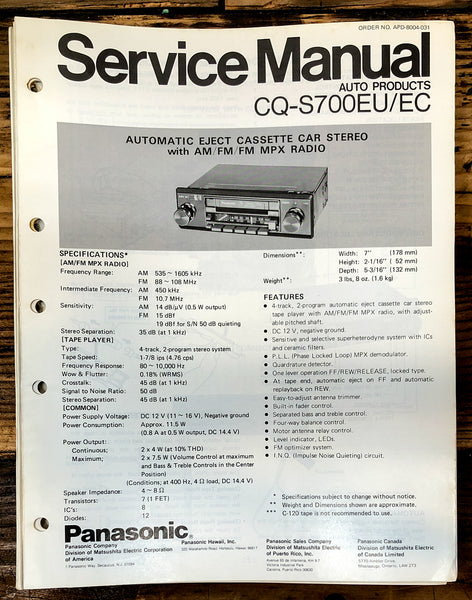 Panasonic CQ-S700EU EC Car Stereo  Service Manual *Original*