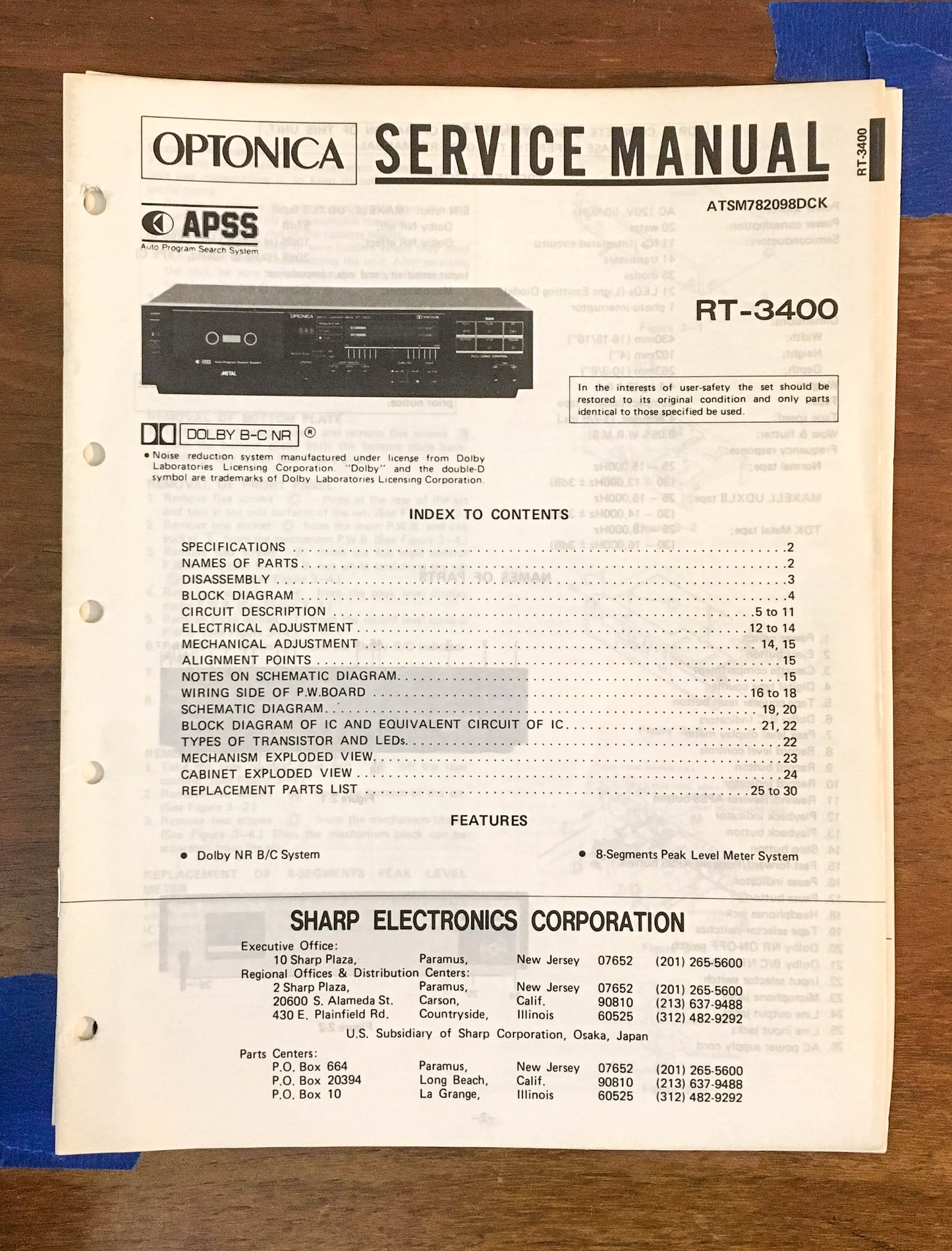 Sharp RT-3400 Cassette Tape Recorder Service Manual *Original*