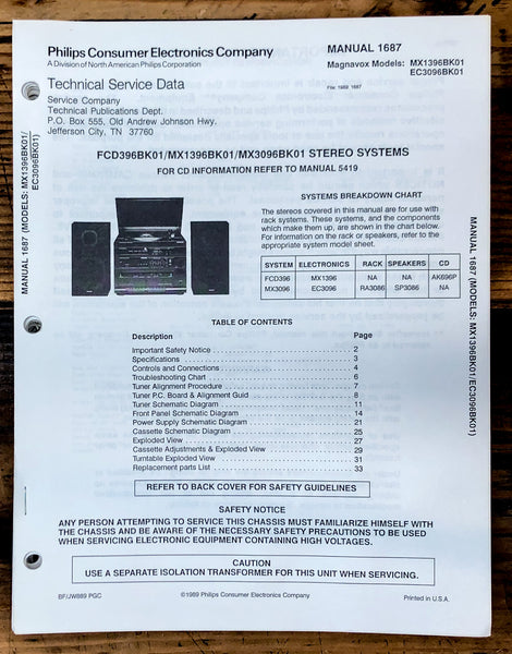 Magnavox MX1396 EC3096 Stereo  Service Manual *Original*