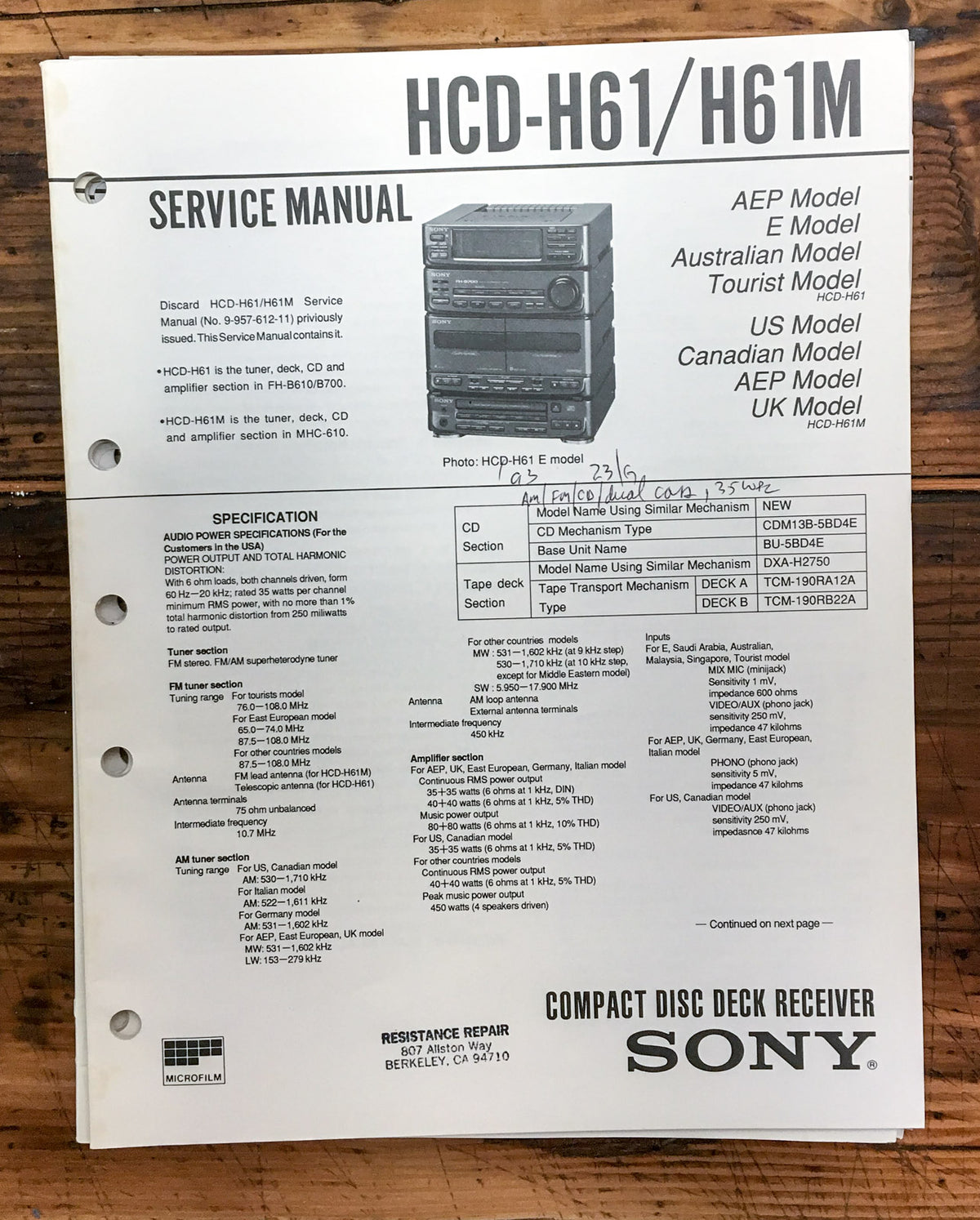 Sony HCD-H61 HCD-61M Stereo  Service Manual *Original*
