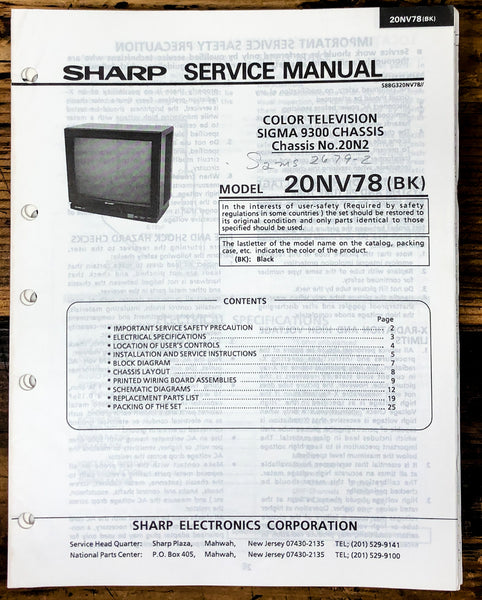 Sharp 20NV78 TV / Television Service Manual *Original*