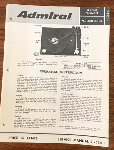 Admiral 750E1211 S1233A-1 Record Changer Service Manual *Original*
