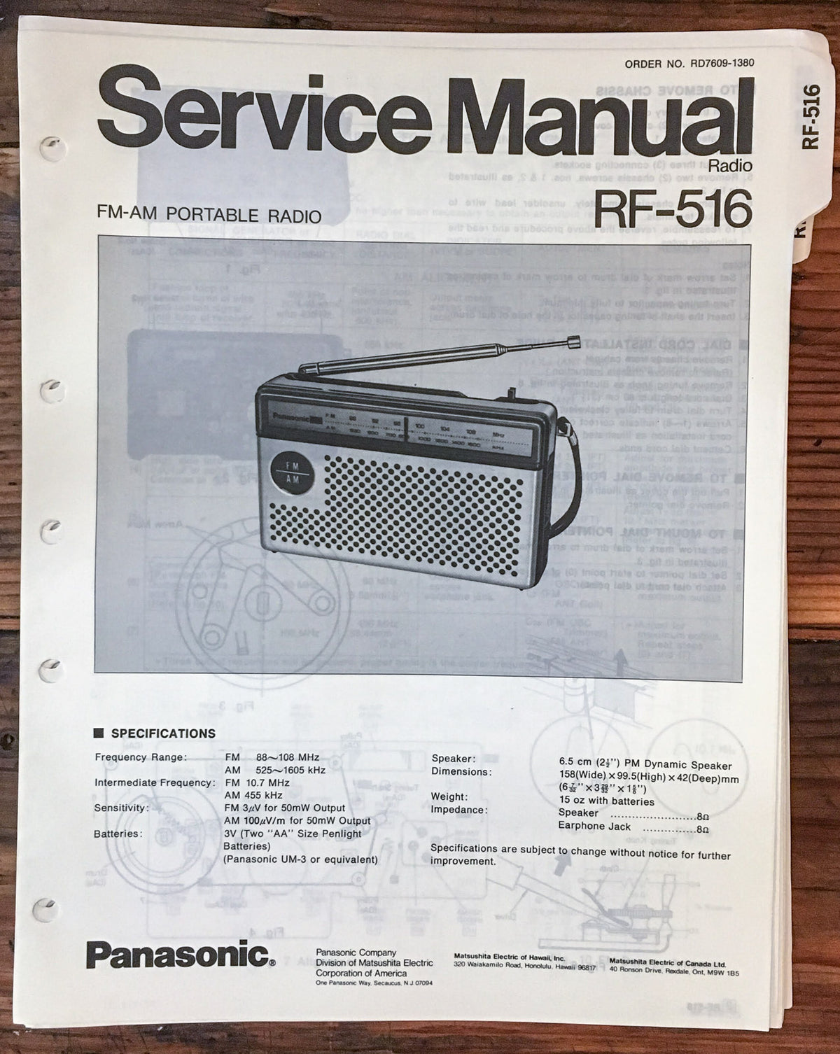 Panasonic RF-516 Radio  Service Manual *Original*