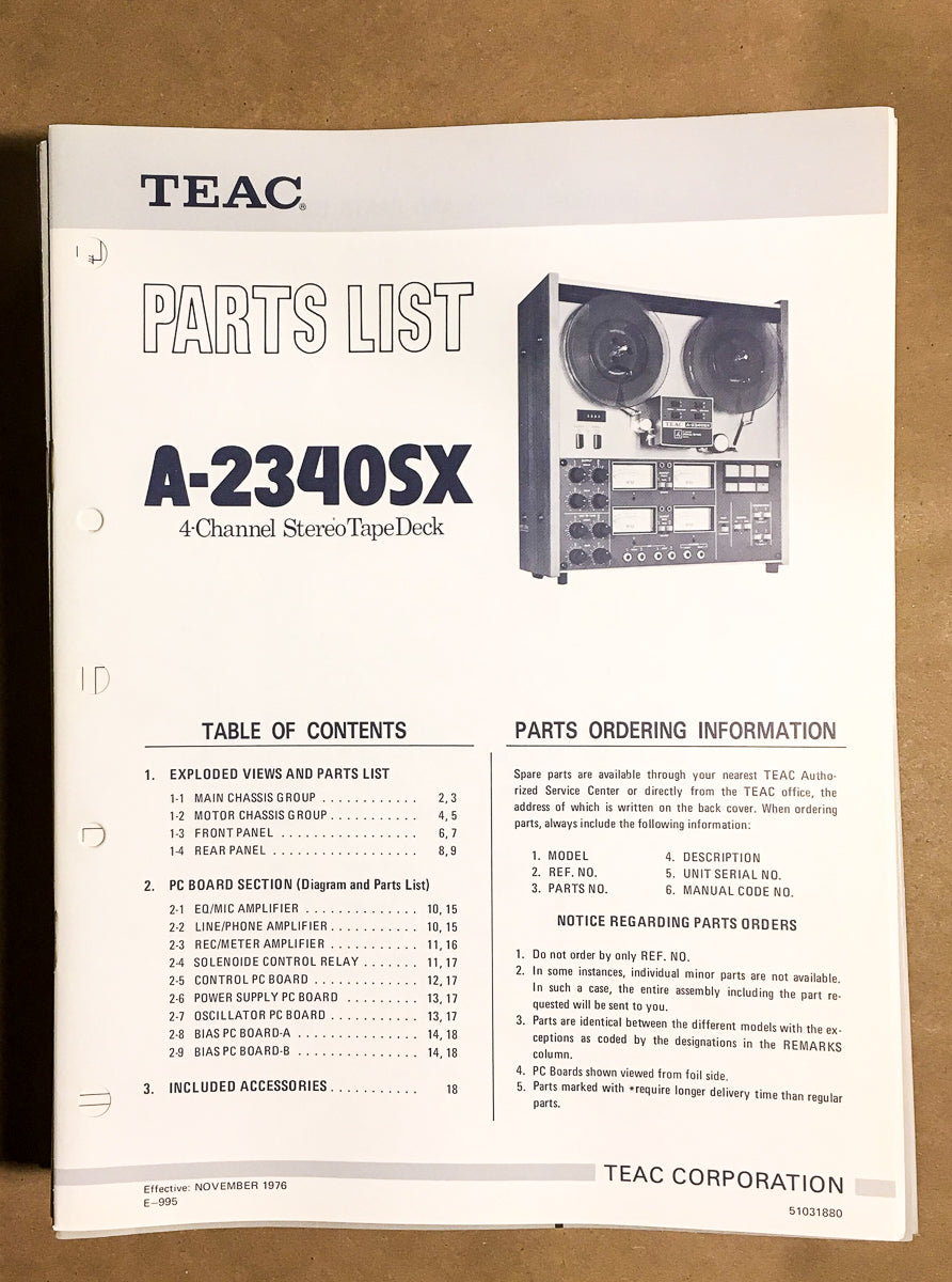 Teac A-2340SX Reel to Reel Parts List Manual *Original*