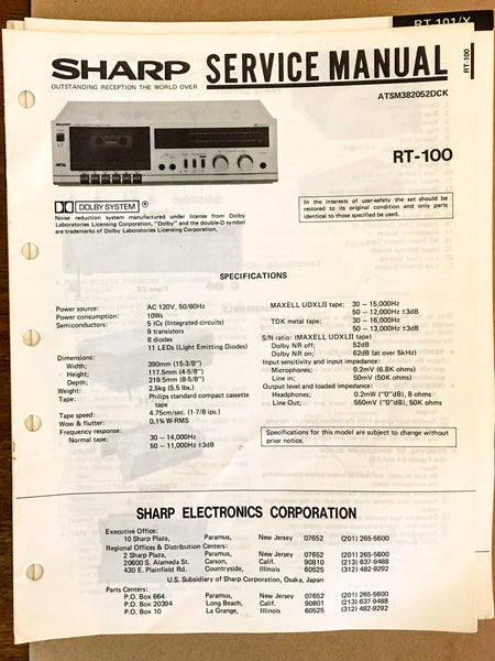 Sharp RT-100 Cassette Deck  Service Manual *Original*
