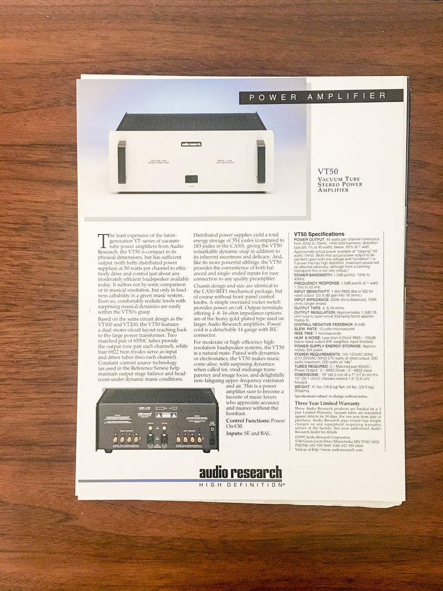 Audio Research VT50 / VT-50 Amplifier Dealer Sales Sheet / Specs *Orig*