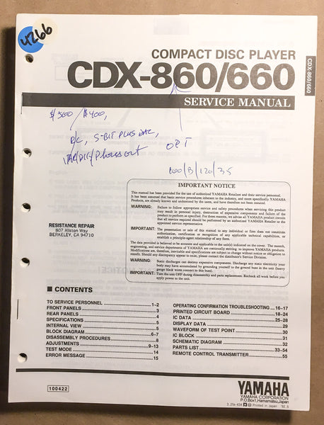 Yamaha CDX-860 CDX-660 CD Player  Service Manual *Original*