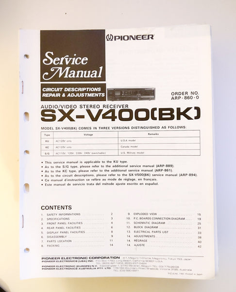 Pioneer SX-V400 Receiver Service Manual *Original*